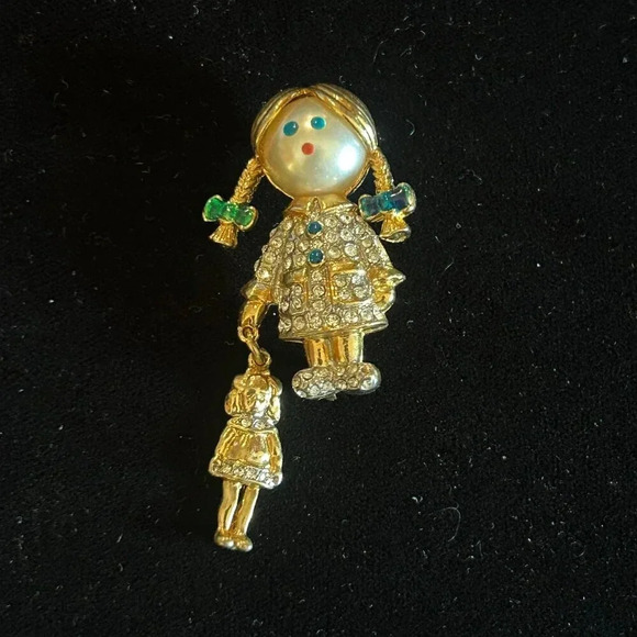 Vintage Gold Rhinestone Enamel Faux Pearl Girl with Doll Brooch Pin - Picture 1 of 6